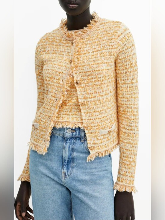 Mango Jackets & Blazers - MNG MANGO | Textured Yellow Tweed Fringe Jacket